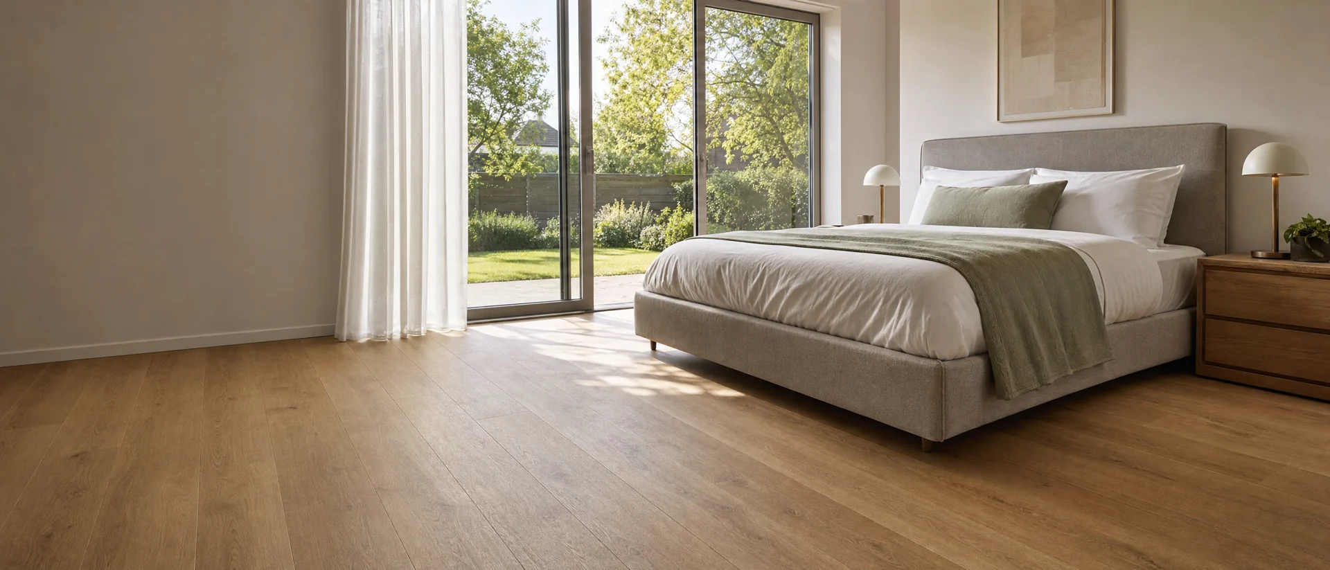 Light bedroom with floor in natural shade of wood